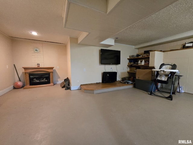112 W Main St, Mcleansboro, IL 62859 - living area featuring a fireplace, a textured ceiling, and finished concrete flooring