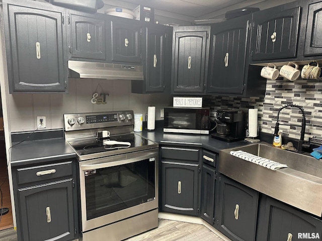 527 E Lawrence St, Benton, IL 62812 - kitchen with stainless steel appliances, under cabinet range hood, backsplash, light wood-type flooring, and a sink