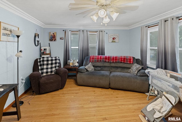203 E 2nd St, Sparta, IL 62286 - living area with ornamental molding, a ceiling fan, and light wood finished floors