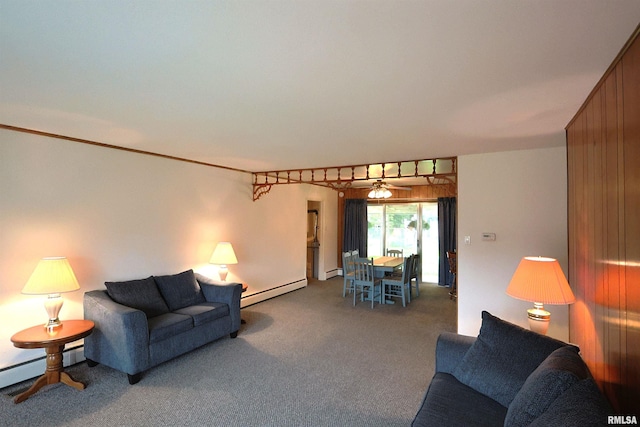 914 Meadow Ln, Salem, IL 62881 - carpeted living room featuring a baseboard heating unit, baseboard heating, and ceiling fan