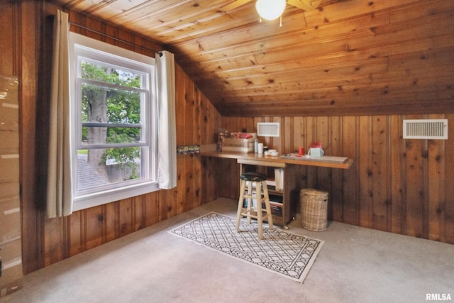 1300 S Duncan St, Marion, IL 62959 - home office featuring vaulted ceiling, wood walls, wood ceiling, and carpet floors