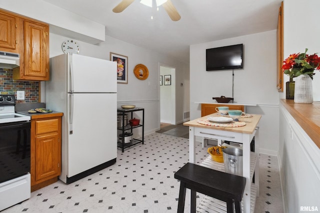 1300 S Duncan St, Marion, IL 62959 - kitchen with freestanding refrigerator, electric range, tasteful backsplash, under cabinet range hood, and ceiling fan