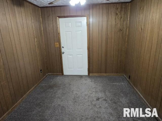 415 Marteeny St, Mount Vernon, IL 62864 - empty room with ceiling fan, wood walls, and carpet floors