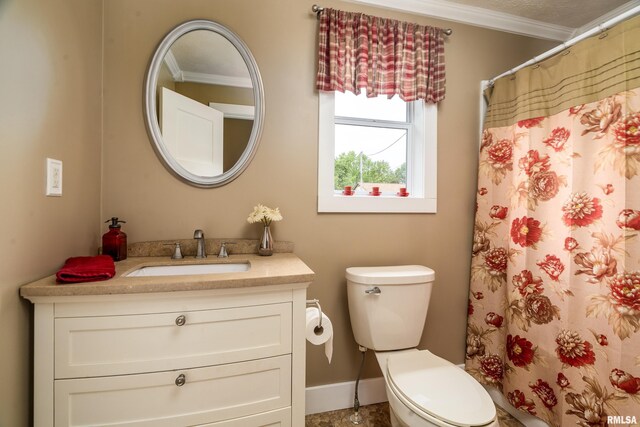 213 Texas Ave, Carterville, IL 62918 - full bathroom with crown molding, vanity, toilet, curtained shower, and baseboards