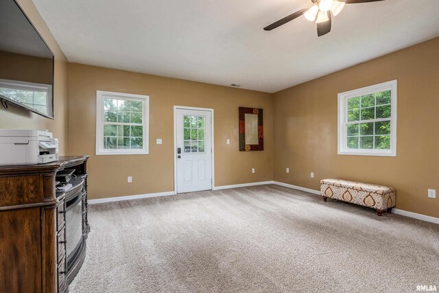 213 Texas Ave, Carterville, IL 62918 - unfurnished living room with ceiling fan, plenty of natural light, and carpet flooring