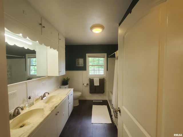 614 S Skyline Dr, Carbondale, IL 62901 - full bathroom with toilet, wainscoting, double vanity, and shower / tub combo