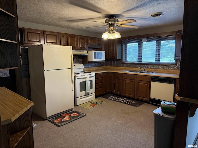 15 Dunn Ln, Goreville, IL 62939 - kitchen with white appliances, under cabinet range hood, a ceiling fan, a sink, and a textured ceiling