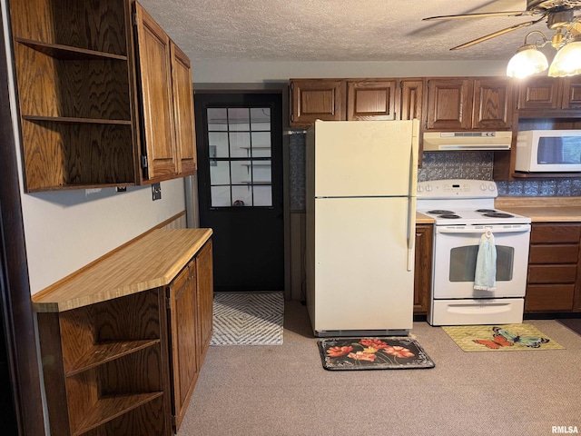 15 Dunn Ln, Goreville, IL 62939 - kitchen featuring white appliances, under cabinet range hood, open shelves, a ceiling fan, and light countertops