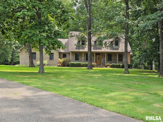 9 Fawn Dr, Fairfield, IL 62837 - cape cod-style house with a front lawn, a porch, and stone siding