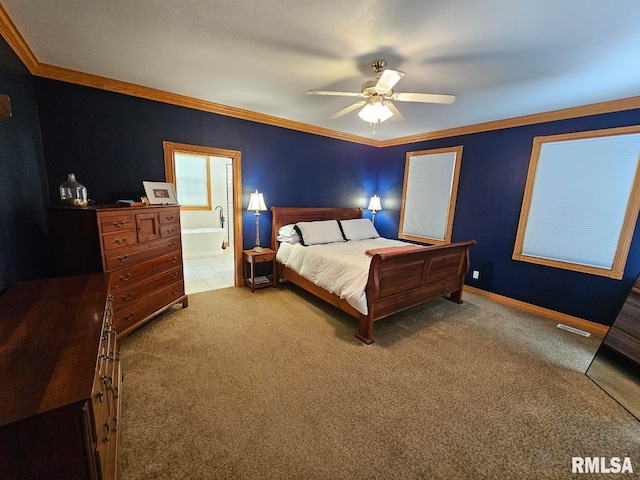 9 Fawn Dr, Fairfield, IL 62837 - bedroom with carpet, crown molding, a ceiling fan, baseboards, and connected bathroom