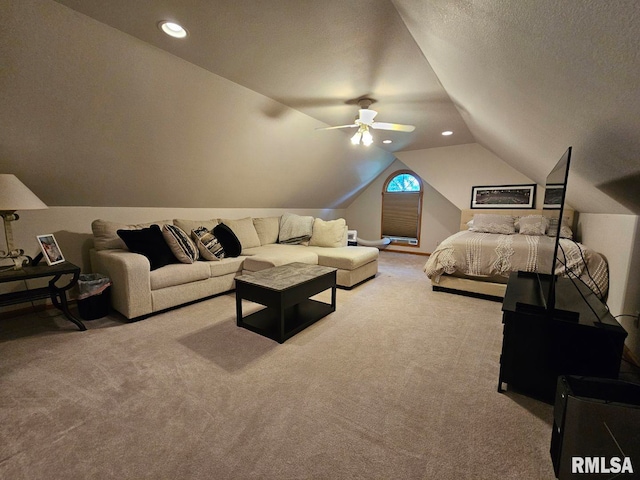 9 Fawn Dr, Fairfield, IL 62837 - bedroom featuring light carpet, vaulted ceiling, a ceiling fan, and recessed lighting