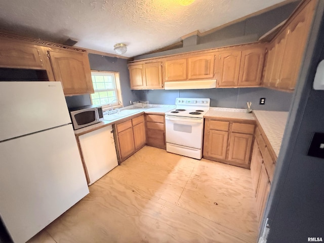 45 White Sands Rd, Creal Springs, IL 62922 - kitchen with white appliances, under cabinet range hood, light countertops, a textured ceiling, and a sink