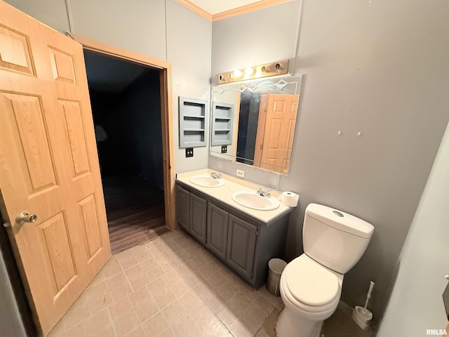 45 White Sands Rd, Creal Springs, IL 62922 - bathroom with crown molding, toilet, double vanity, and tile patterned floors
