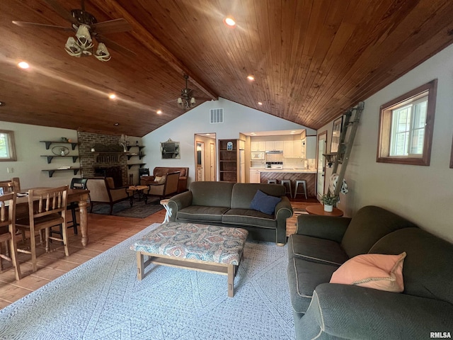 1150 Lakeview Dr, Creal Springs, IL 62922 - living area featuring ceiling fan, a brick fireplace, wood ceiling, light wood finished floors, and recessed lighting