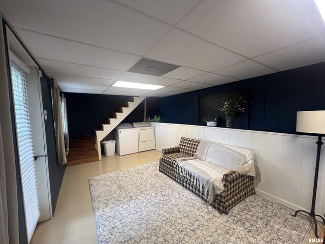 1150 Lakeview Dr, Creal Springs, IL 62922 - sitting room featuring washer and clothes dryer, a drop ceiling, and stairs