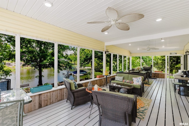 12897 Egypt Shores Dr, Creal Springs, IL 62922 - sunroom featuring ceiling fan, a water view, an outdoor hangout area, and plenty of natural light