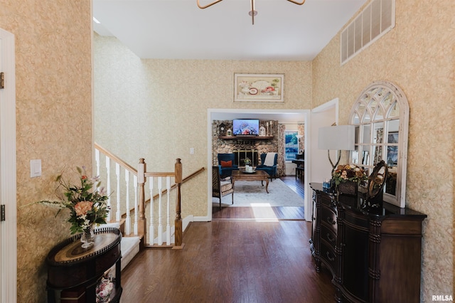 12897 Egypt Shores Dr, Creal Springs, IL 62922 - foyer featuring wood finished floors, ceiling fan, and stairs