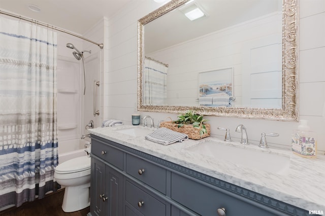 12897 Egypt Shores Dr, Creal Springs, IL 62922 - full bath with crown molding, double vanity, toilet, shower / tub combo, and wood finished floors