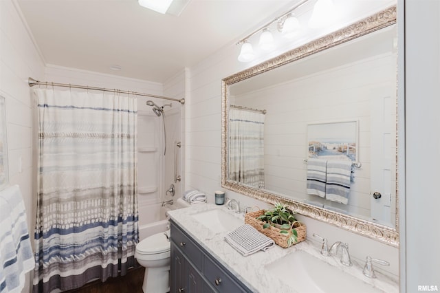 12897 Egypt Shores Dr, Creal Springs, IL 62922 - full bathroom featuring double vanity, toilet, shower / bath combo with shower curtain, and ornamental molding