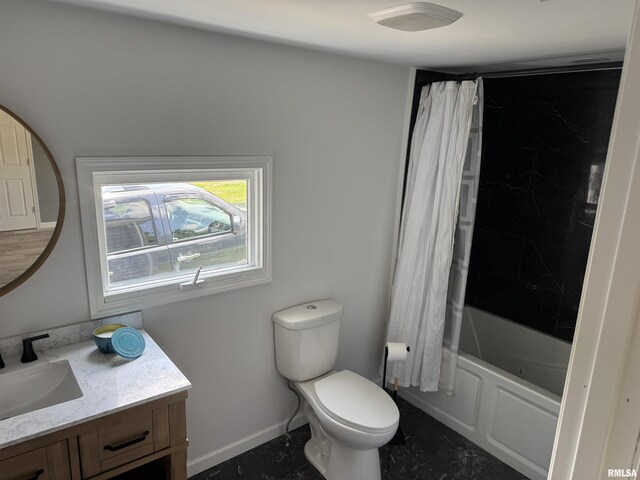 6984 Washington St, Mulkeytown, IL 62865 - bathroom with vanity, toilet, shower / bath combo with shower curtain, and baseboards