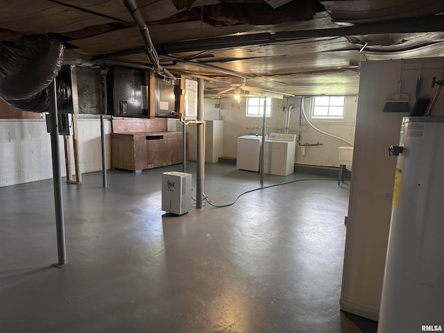6984 Washington St, Mulkeytown, IL 62865 - basement with gas water heater, washing machine and dryer, and a sink