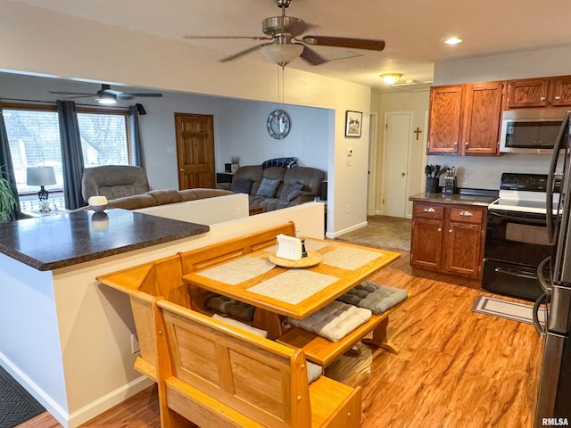 310 Williford Rd, Jonesboro, IL 62952 - kitchen featuring stainless steel microwave, electric range, a ceiling fan, light wood-type flooring, and dark countertops