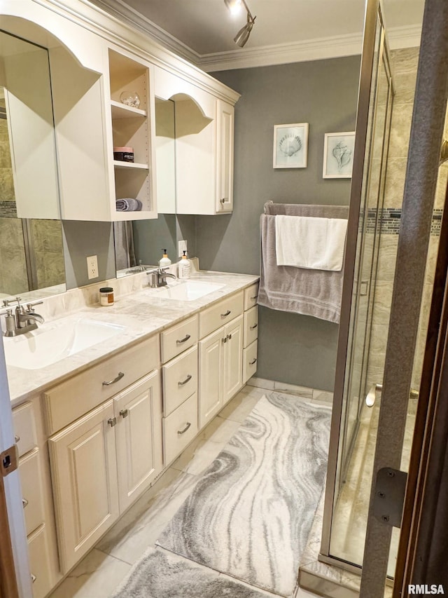 310 Williford Rd, Jonesboro, IL 62952 - bathroom with ornamental molding, double vanity, a shower stall, and marble look tile flooring
