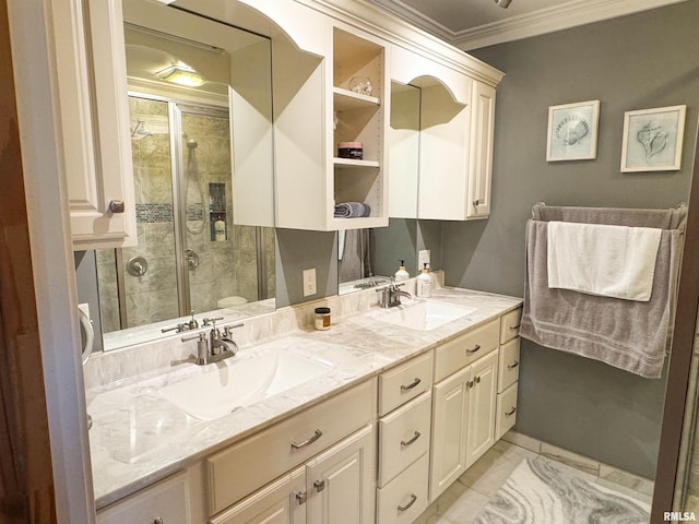 310 Williford Rd, Jonesboro, IL 62952 - full bath featuring crown molding, a shower stall, and double vanity