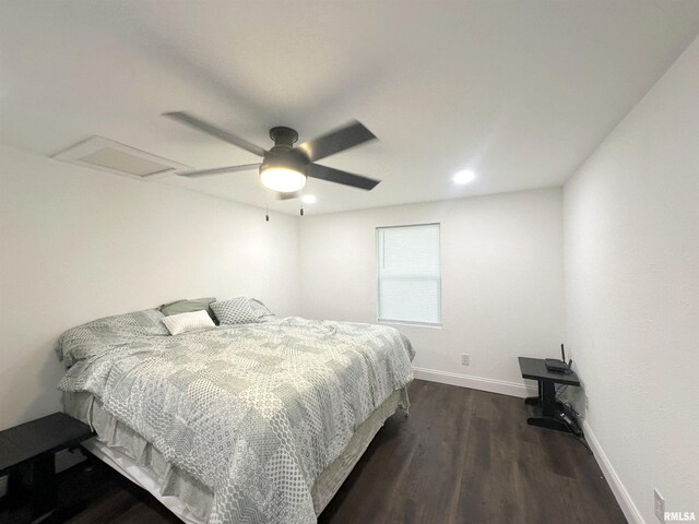 1924 N 7th St, Murphysboro, IL 62966 - bedroom featuring dark wood-type flooring, attic access, baseboards, a ceiling fan, and recessed lighting