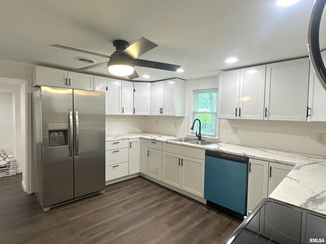 1924 N 7th St, Murphysboro, IL 62966 - kitchen featuring stainless steel fridge with ice dispenser, dishwashing machine, a sink, white cabinets, and dark wood-style flooring
