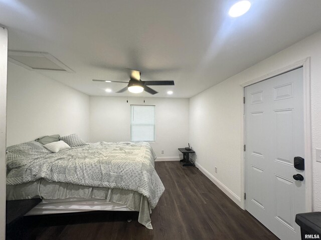 1924 N 7th St, Murphysboro, IL 62966 - bedroom with dark wood-style floors, baseboards, ceiling fan, attic access, and recessed lighting