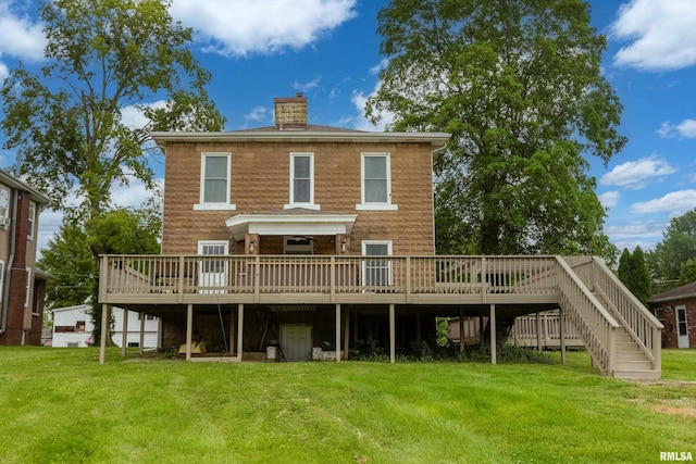 713 E Main St, Marion, IL 62959 - back of property featuring a chimney, a wooden deck, a lawn, and stairs