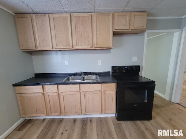 301 N Stotlar St, Benton, IL 62812 - kitchen featuring electric range, a sink, light brown cabinetry, dark countertops, and light wood-style floors