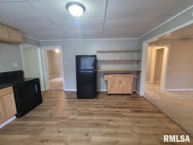 301 N Stotlar St, Benton, IL 62812 - kitchen featuring black appliances, light brown cabinetry, a drop ceiling, dark countertops, and open shelves