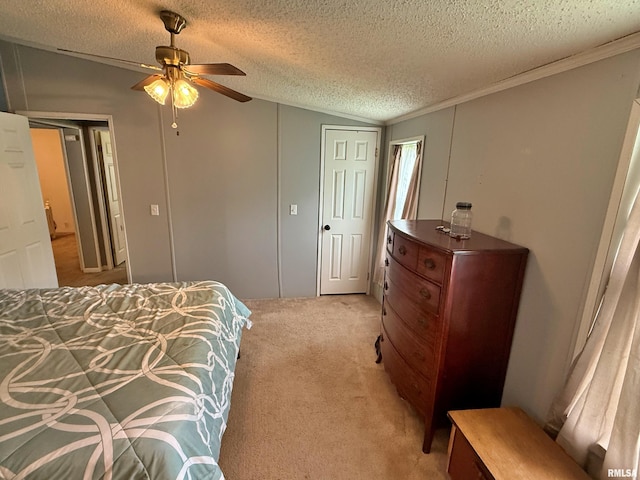2000 Simmons St, Metropolis, IL 62960 - bedroom with light colored carpet, a textured ceiling, crown molding, lofted ceiling, and ceiling fan