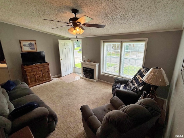 2000 Simmons St, Metropolis, IL 62960 - carpeted living area with a textured ceiling, a fireplace, crown molding, a ceiling fan, and baseboards