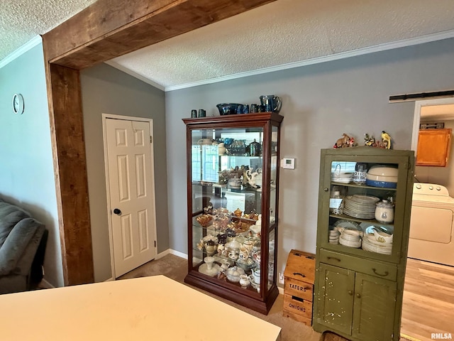 2000 Simmons St, Metropolis, IL 62960 - bedroom featuring a textured ceiling, washer / clothes dryer, crown molding, a barn door, and carpet flooring