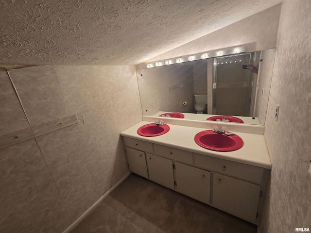 2998 Massac Creek Rd, Metropolis, IL 62960 - full bathroom with a textured ceiling, vanity, lofted ceiling, and an enclosed shower