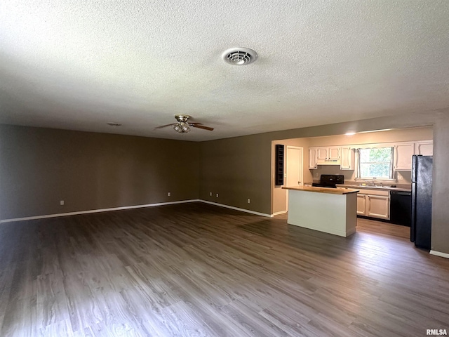 1008 N Norwest Ln, Carbondale, IL 62901 - unfurnished living room with a ceiling fan, a textured ceiling, dark wood-style flooring, baseboards, and a sink