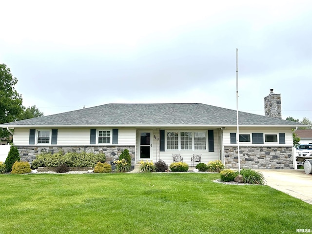 118 W 5th St, Hoffman, IL 62250 - single story home featuring stone siding, a chimney, a front lawn, and a shingled roof