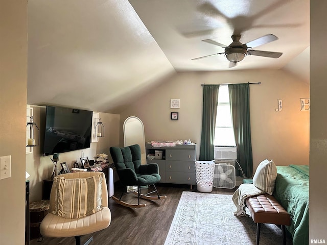 211 E Cross St, Dongola, IL 62926 - bedroom with lofted ceiling, dark wood-style floors, and a ceiling fan