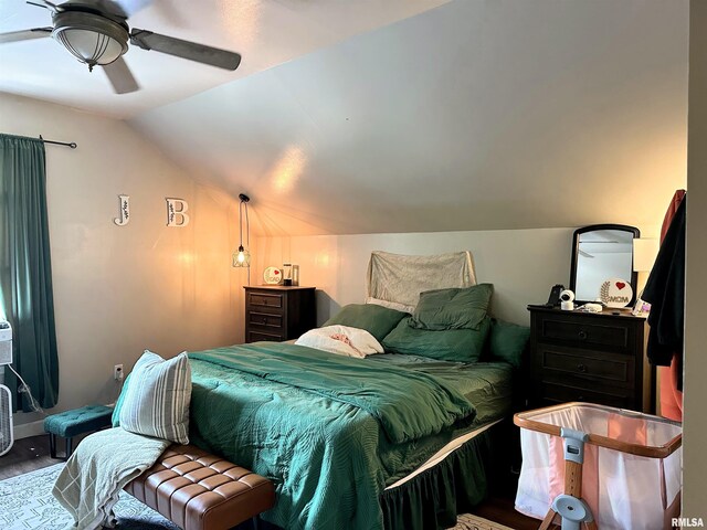 211 E Cross St, Dongola, IL 62926 - bedroom featuring vaulted ceiling, wood finished floors, and a ceiling fan