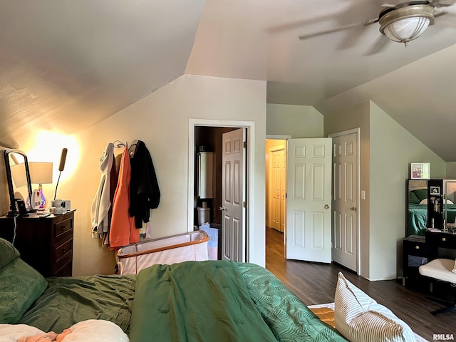 211 E Cross St, Dongola, IL 62926 - bedroom featuring dark wood-style flooring, lofted ceiling, and ceiling fan