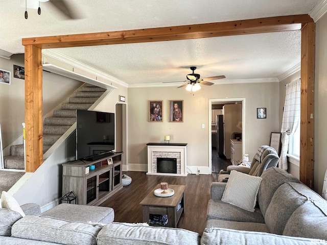 211 E Cross St, Dongola, IL 62926 - living area with ornamental molding, stairs, ceiling fan, wood finished floors, and baseboards