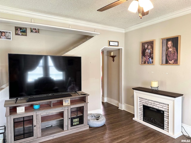 211 E Cross St, Dongola, IL 62926 - living room featuring a glass covered fireplace, crown molding, a ceiling fan, a textured ceiling, and wood finished floors