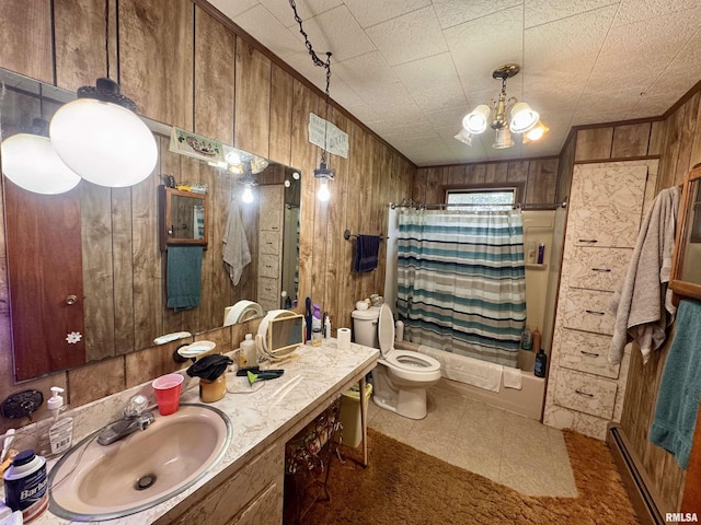 2601 Nielson Crossing Rd, Marion, IL 62959 - full bath with wood walls, toilet, baseboard heating, shower / bathtub combination with curtain, and tile patterned floors