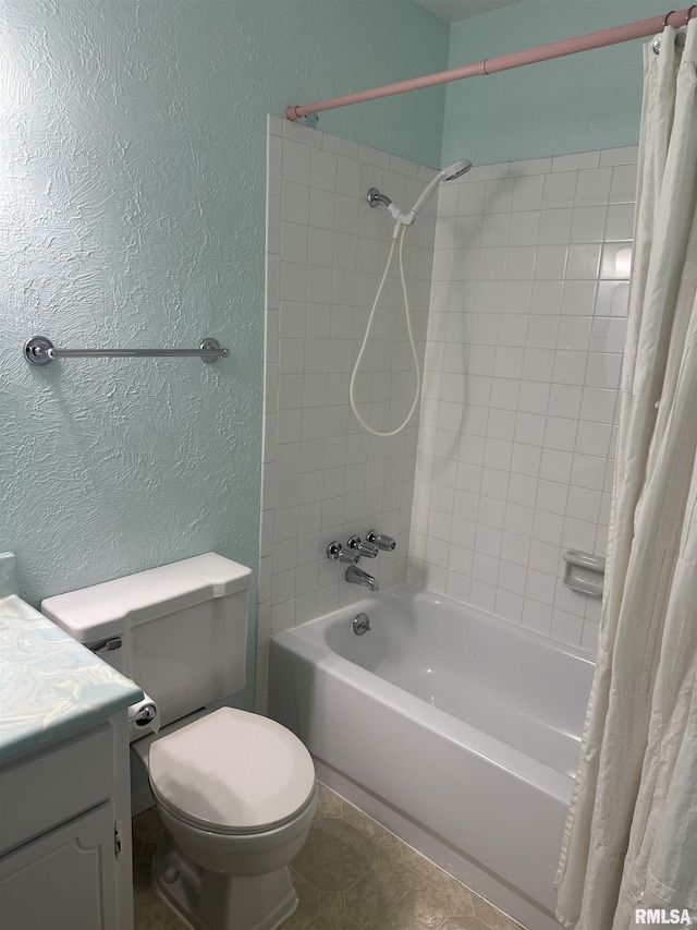 705 Terrace Dr, Duquoin, IL 62832 - full bathroom featuring a textured wall, vanity, shower / bathtub combination with curtain, toilet, and tile patterned flooring