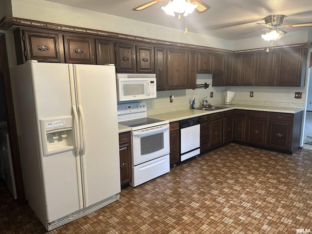 705 Terrace Dr, Duquoin, IL 62832 - kitchen featuring white appliances, a ceiling fan, a sink, light countertops, and dark brown cabinetry