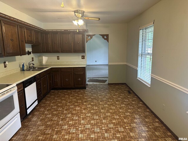 705 Terrace Dr, Duquoin, IL 62832 - kitchen featuring white appliances, a sink, dark brown cabinets, ceiling fan, and light countertops