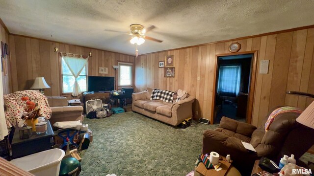 11218 Old Lake Rd, Benton, IL 62812 - carpeted living area featuring a ceiling fan, wooden walls, a textured ceiling, and crown molding